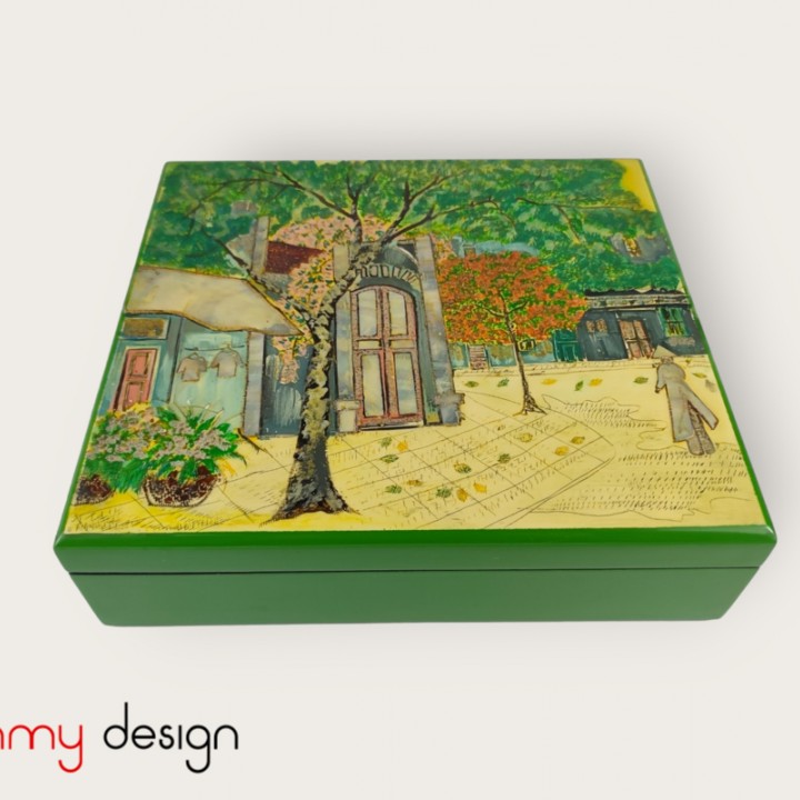 Green rectangular lacquer box carved Old Quarter painting with 8 partitions 27*30cm